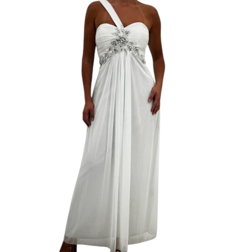 Cache One-Shoulder White Beaded Chiffon Gown